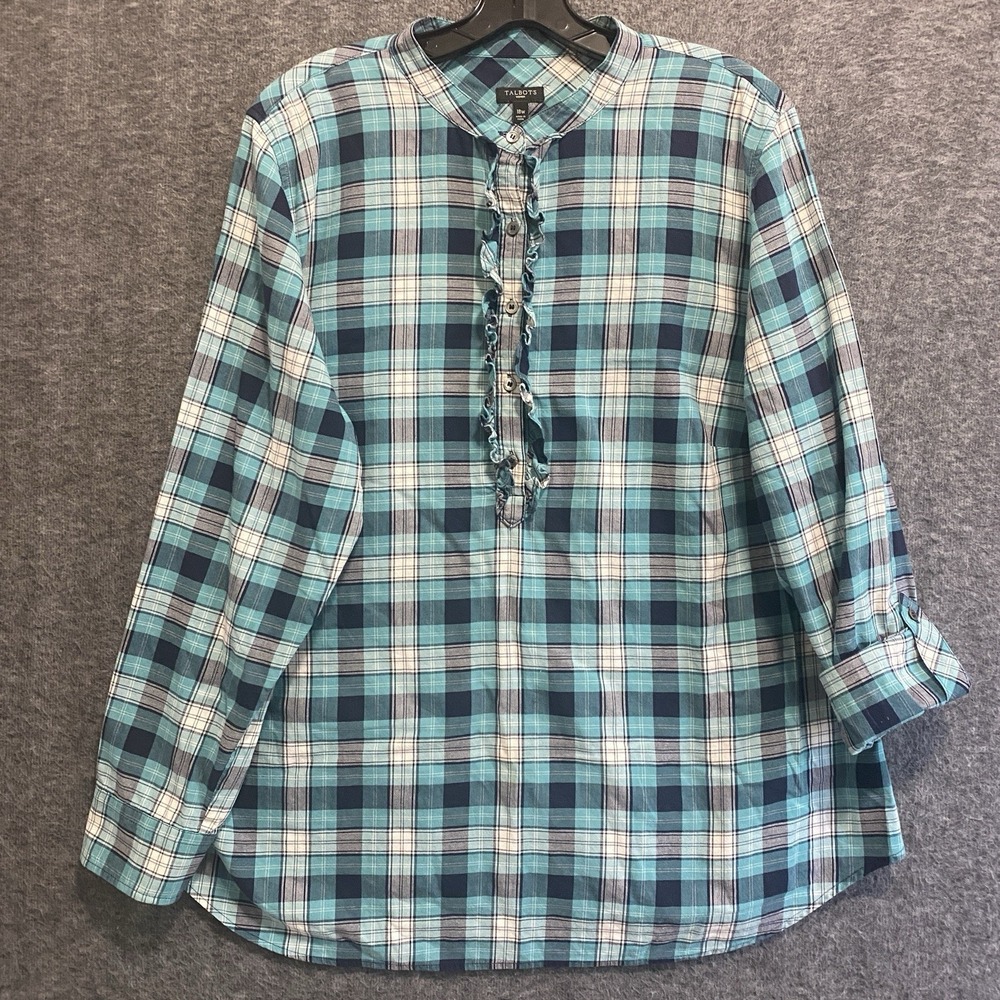 Talbots‎ Top Womens 18W Plaid Flannel Button Ruffle Roll Tab Tunic Cottagecore